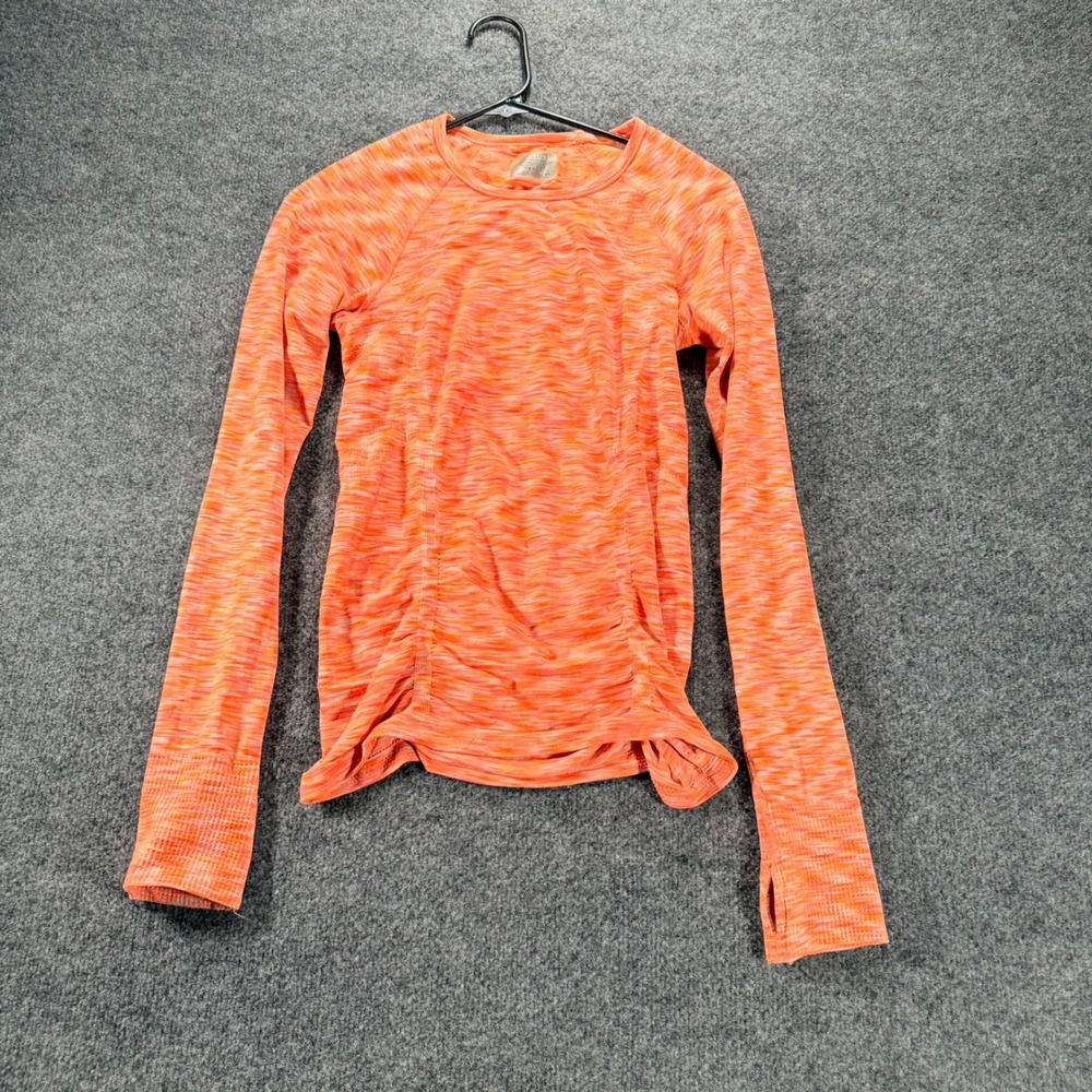 Athleta Chi Ruched Long Sleeve Top Space Dye Orange Thumbhole Shirt XS Womens